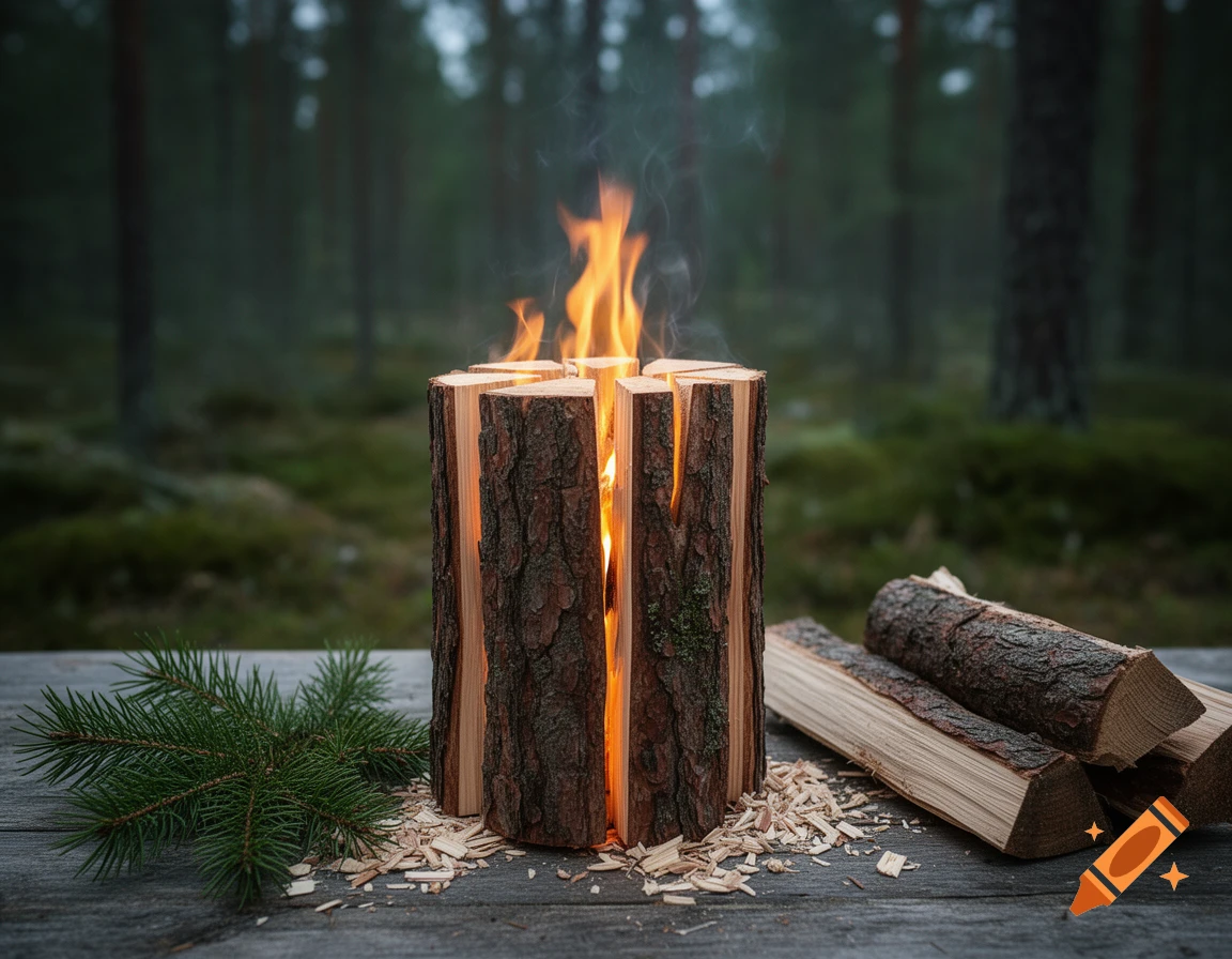 Photorealistic image of a Swedish fire torch made of pine logs burning on a wooden table in a forest.