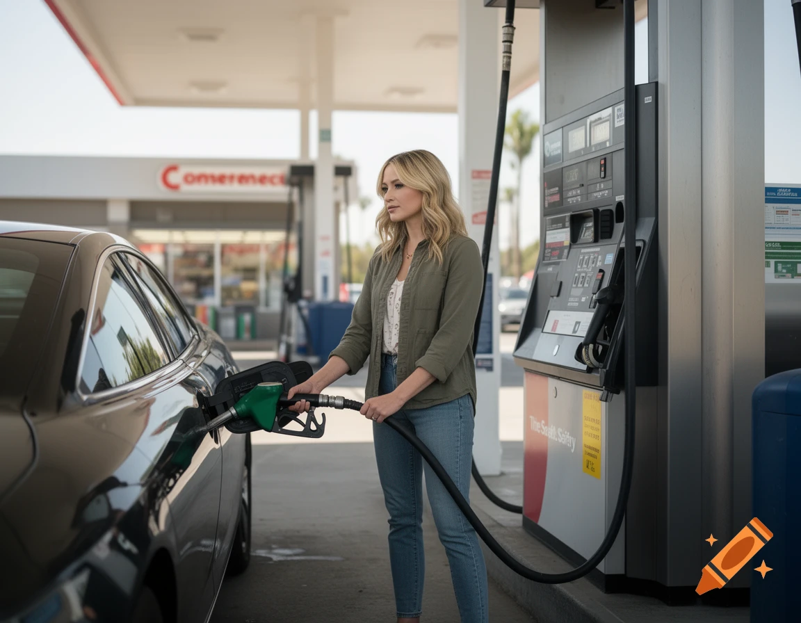 Photorealistic image of a woman resembling Hilary Duff pumping gas into a black car at a gas station.
