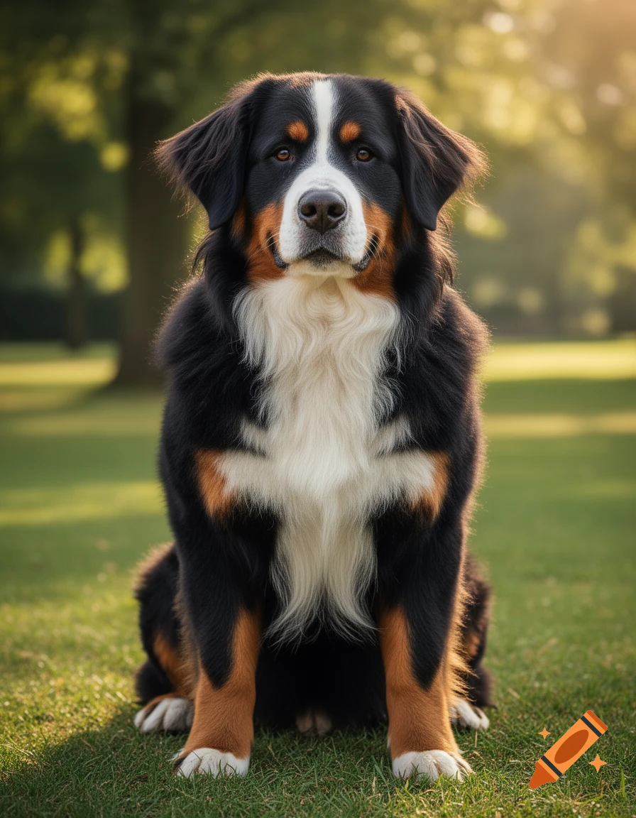 Photorealistic portrait of an adult Bernese Mountain Dog sitting on green grass in a park.