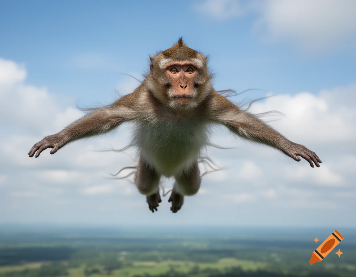 Photorealistic image of a monkey flying through the air with outstretched arms against a cloudy blue sky background.