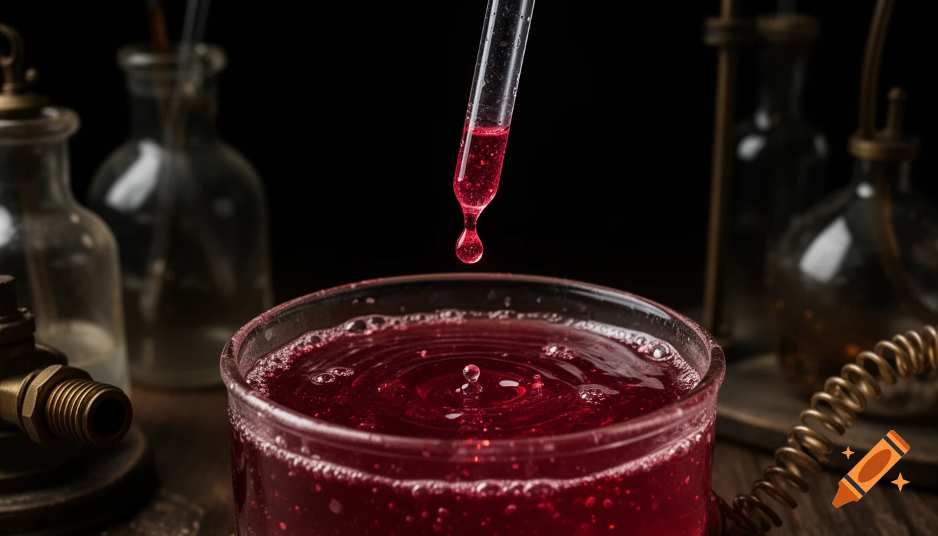 Macro shot of crimson viscous liquid dripping from a glass dropper into a glowing glass container with vintage laboratory equipment in the background.