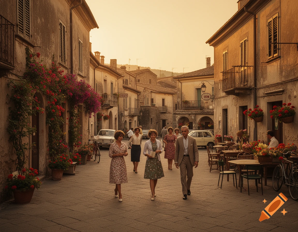 Vintage photograph of people walking down a narrow cobblestone street in an Italian village at sunset.
