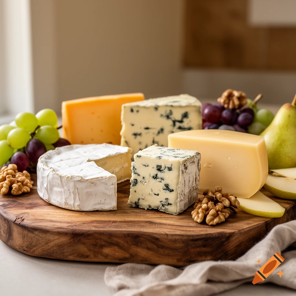 Photorealistic arrangement of various cheeses, grapes, walnuts, and a pear on a wooden cutting board.
