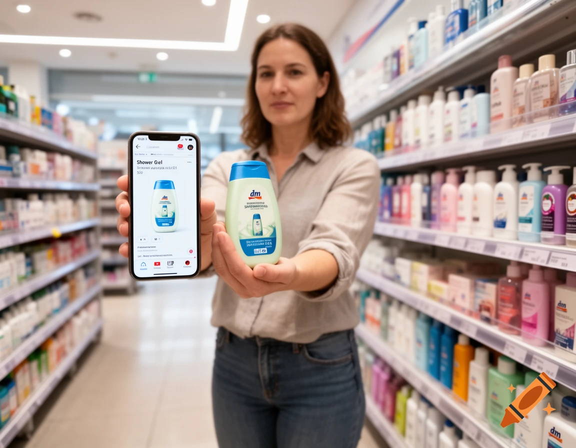 A woman in a drugstore holding a shower gel bottle and her smartphone displaying the same product in a shopping app, photorealistic.