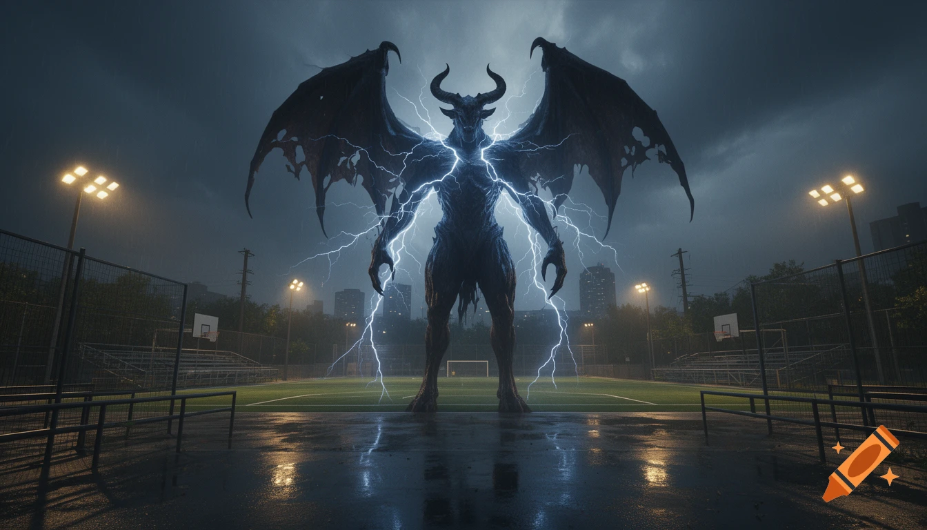 A towering black demon with horns and large wings stands over a wet sports park at night, with jagged lightning flashing from its body.