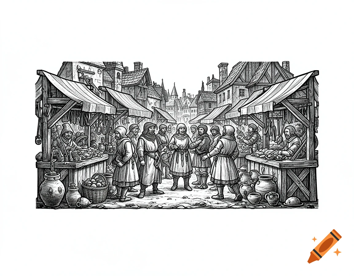 Black and white woodcut style engraving of a medieval market scene with figures interacting among stalls.