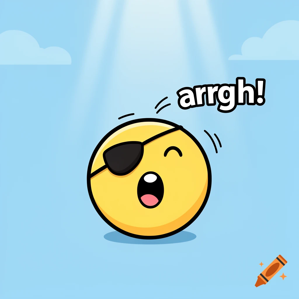 A yellow smiley face with an eyepatch looking up and shouting arrgh! in a cartoon style against a blue sky.