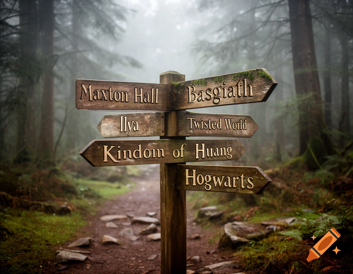A wooden signpost with multiple directional signs in a foggy forest, featuring text like Hogwarts, Basgiath, and Maxton Hall.