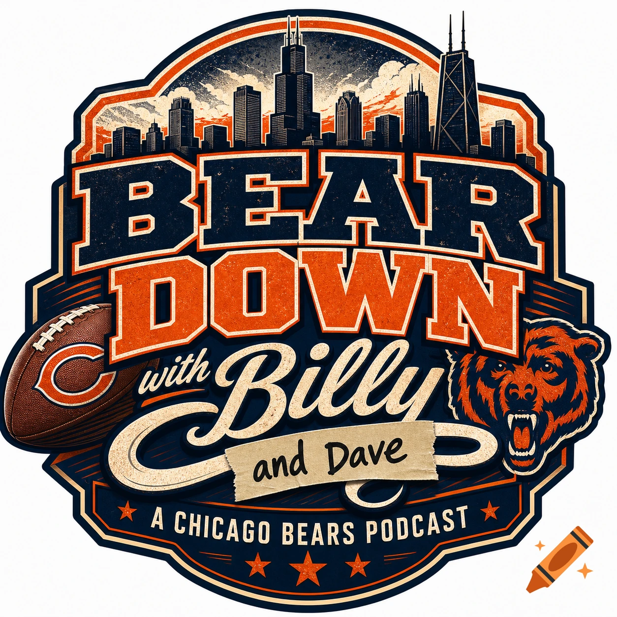 Badge-style logo for a Chicago Bears podcast with skyline, football, and bear illustration.