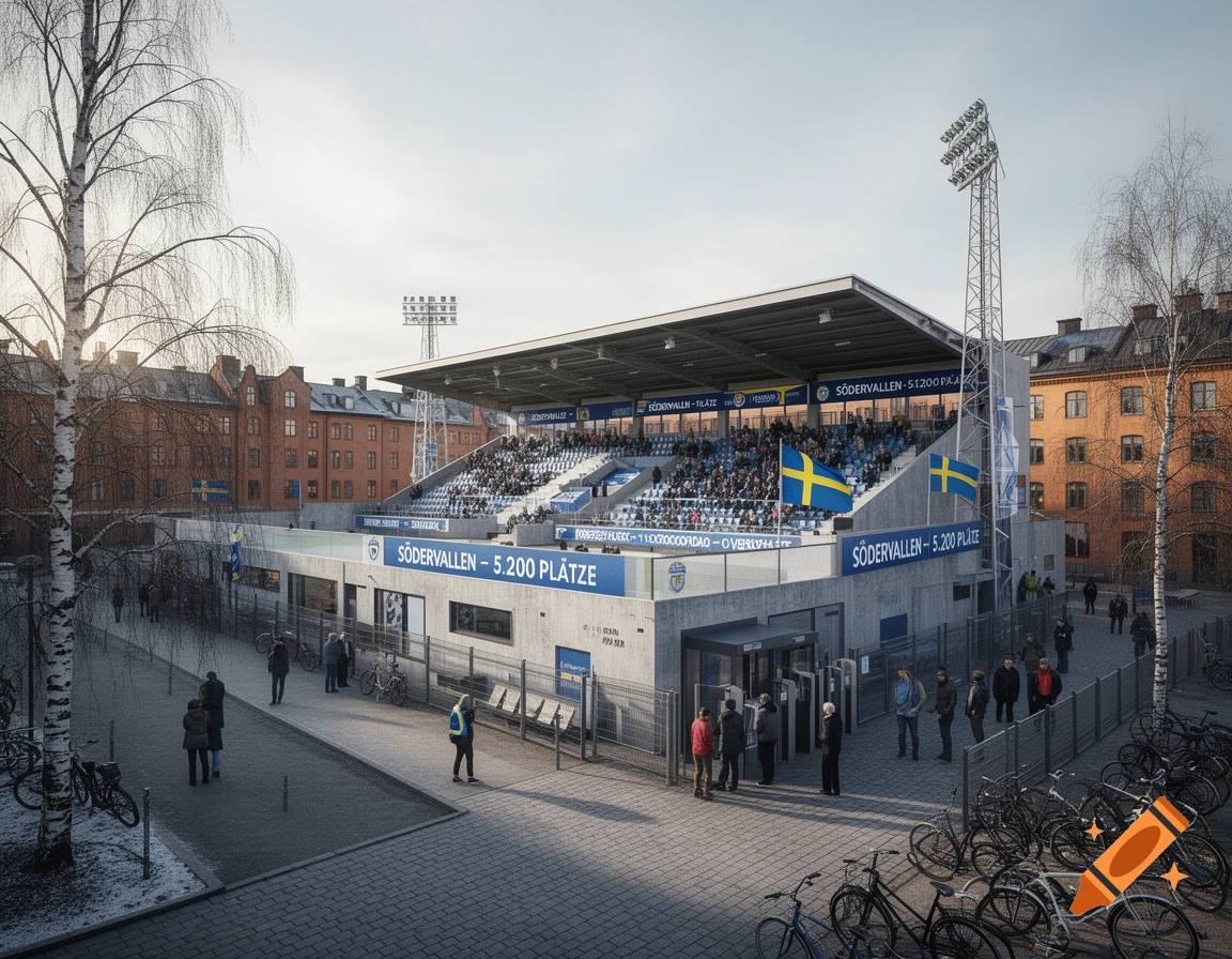 Photorealistic view of a modern compact football stadium in Stockholm with concrete architecture, spectators, and Swedish flags.