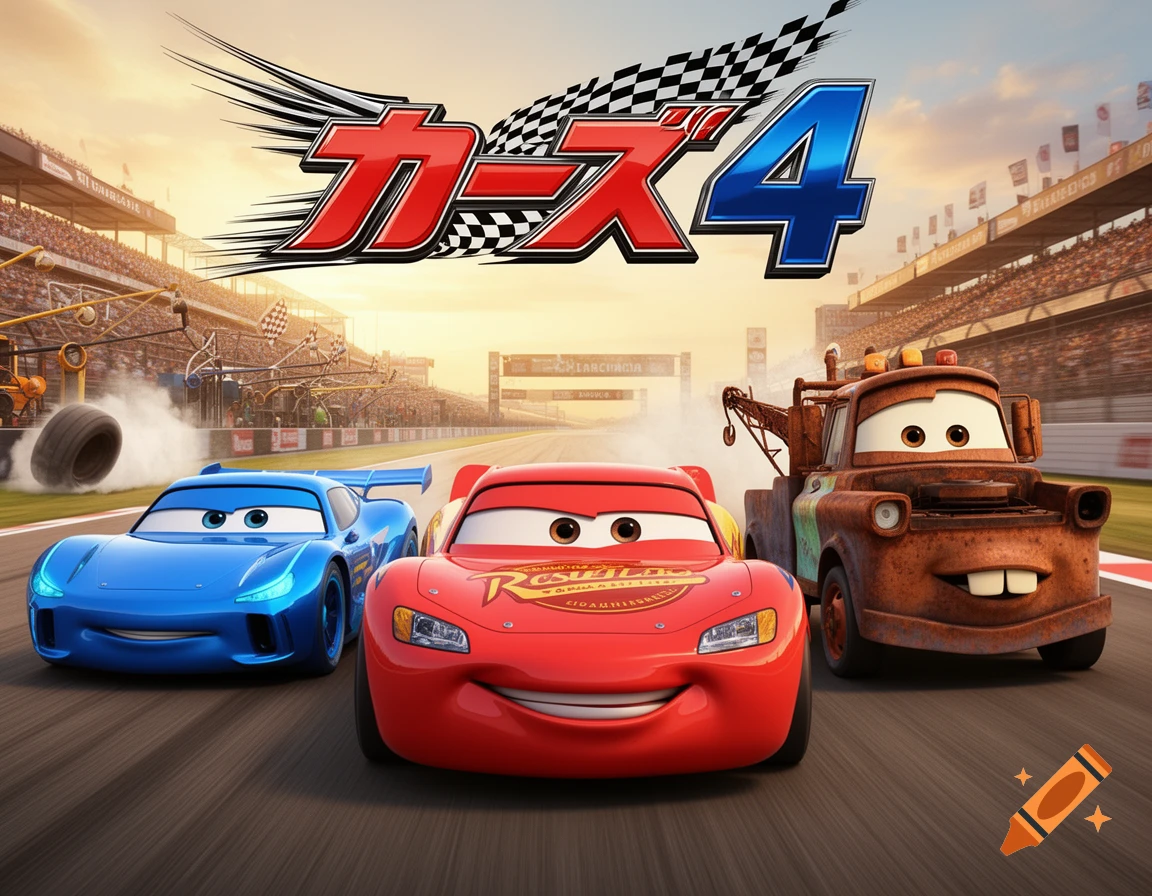 Lightning McQueen, a blue race car, and Mater racing on a track under a banner that reads Cars 4 in Japanese and English.