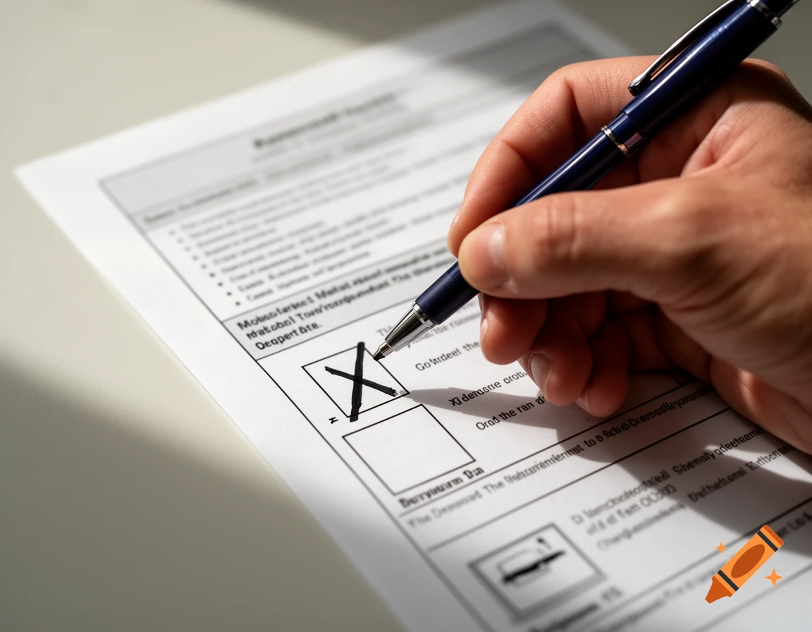 Close-up of a hand holding a blue pen and marking a ballot paper with a cross, photorealistic style.