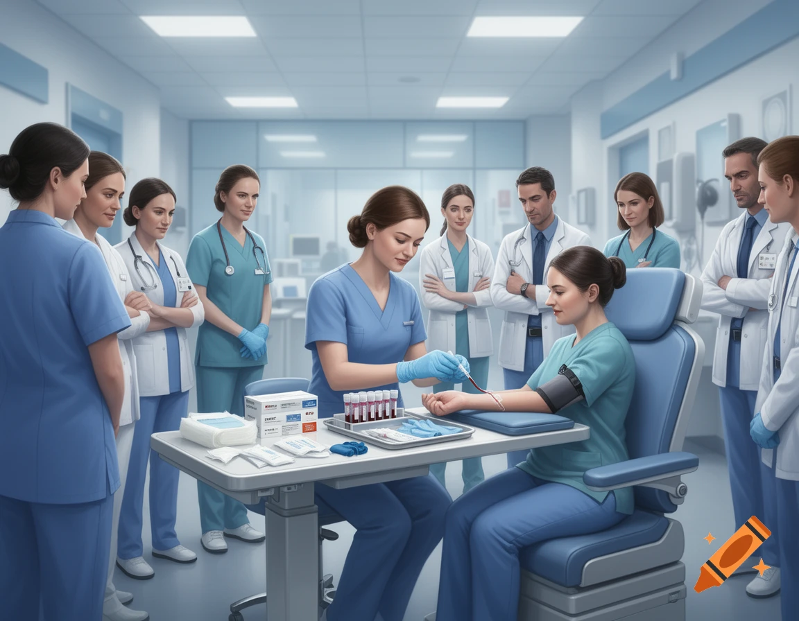 Nurse drawing blood from a patient's arm in a bright hospital room, surrounded by medical staff.
