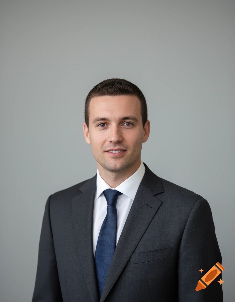 Photorealistic studio portrait of a man in a dark business suit and blue tie against a neutral grey background.