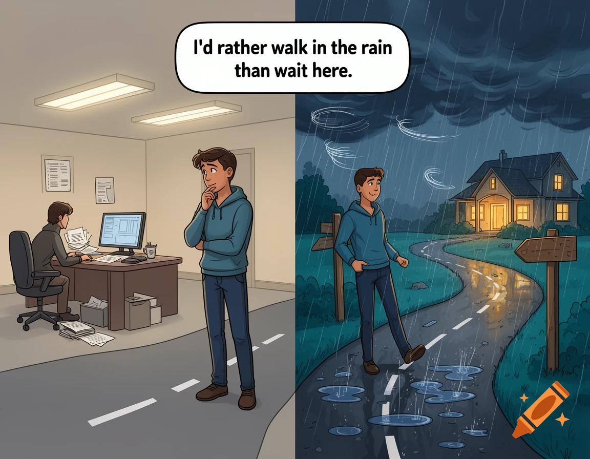 Cartoon illustration of a man choosing between a dull office interior and a rainy road leading to a home at night.