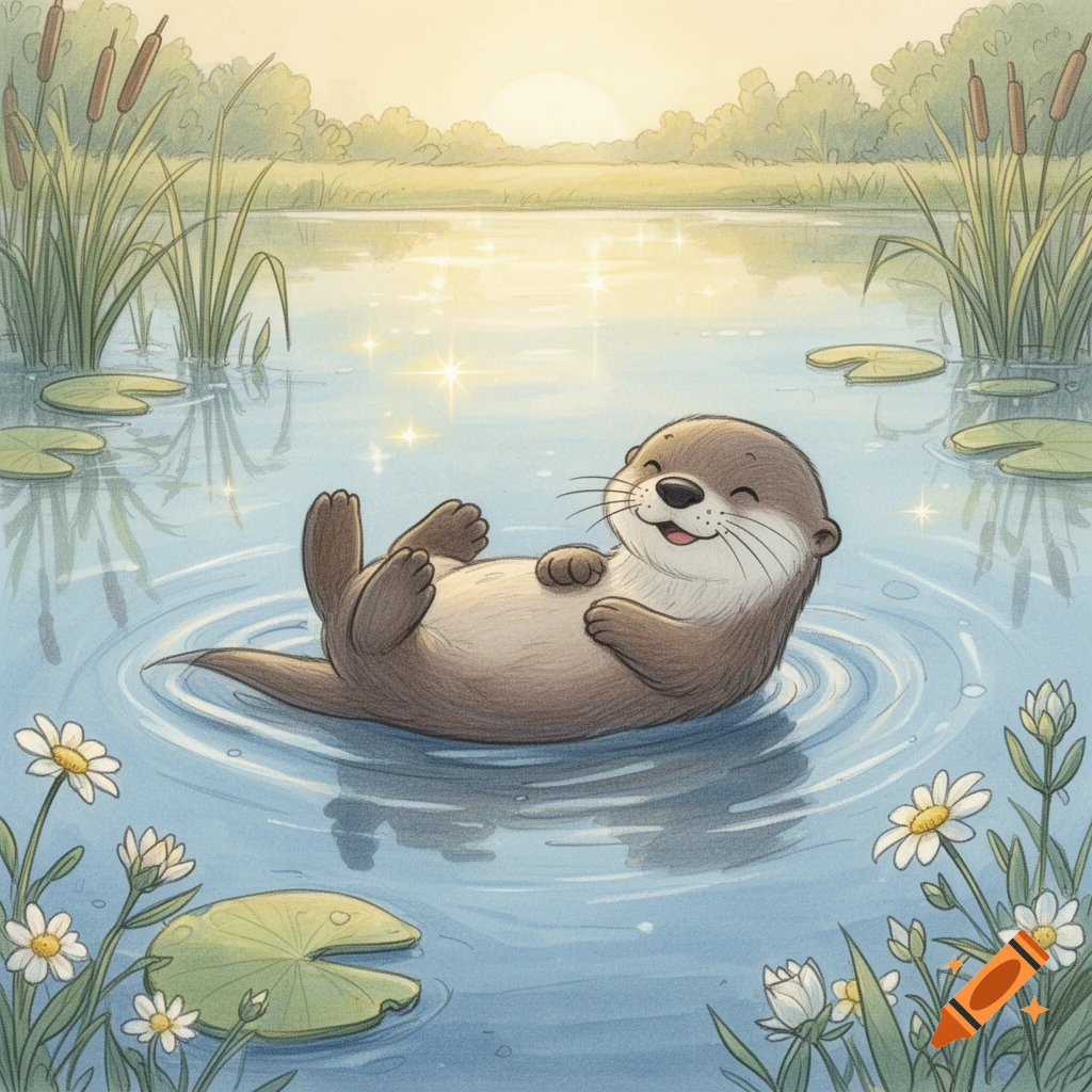 A cute otter floating on its back in a calm lake surrounded by water lilies and reeds, illustrated style.