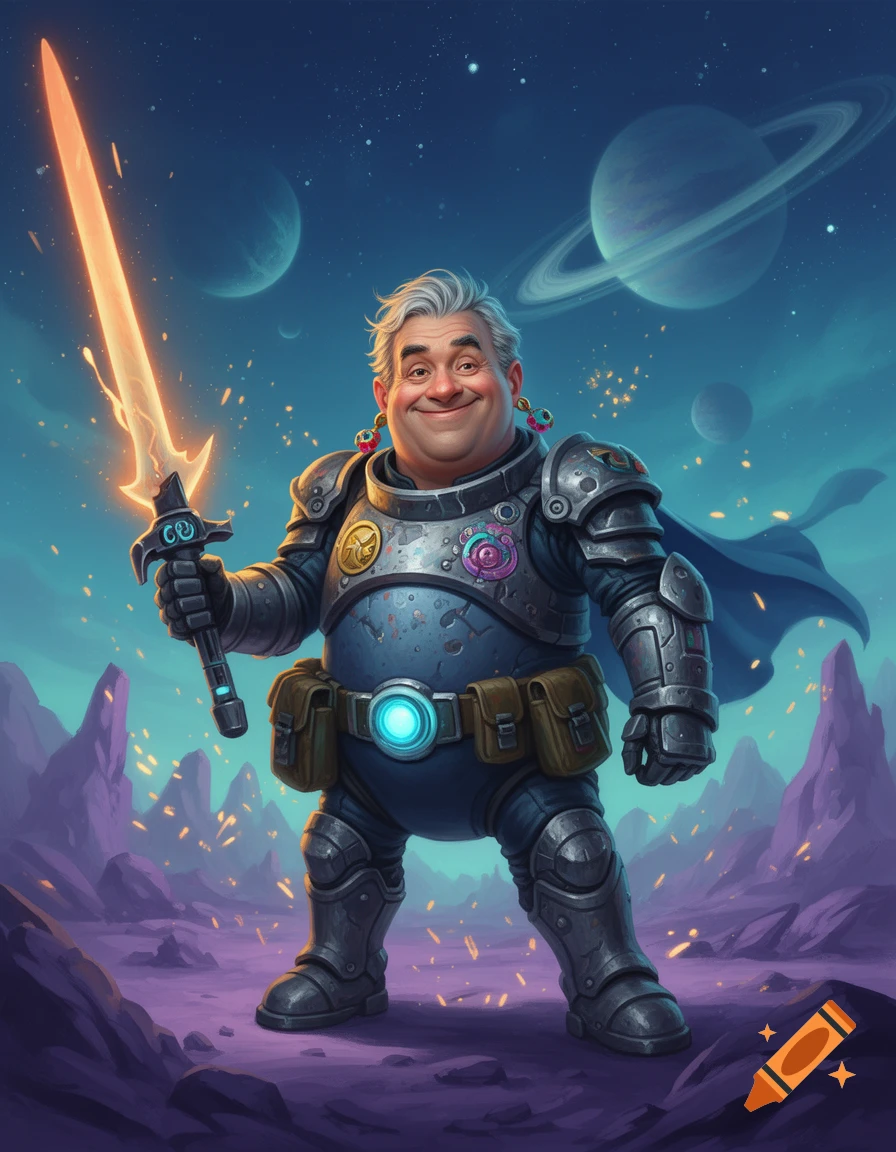 A chunky, smiling older man in sci-fi armor holding an energy sword, standing on a purple alien planet with planets in the background.
