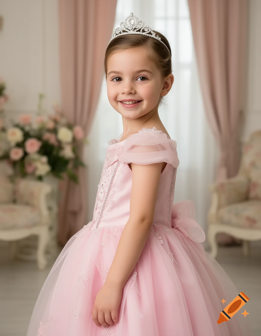 Photographic portrait of a smiling 5-year-old Caucasian girl wearing a princess dress and tiara, standing in a brightly lit room with floral arrangements in the background.
