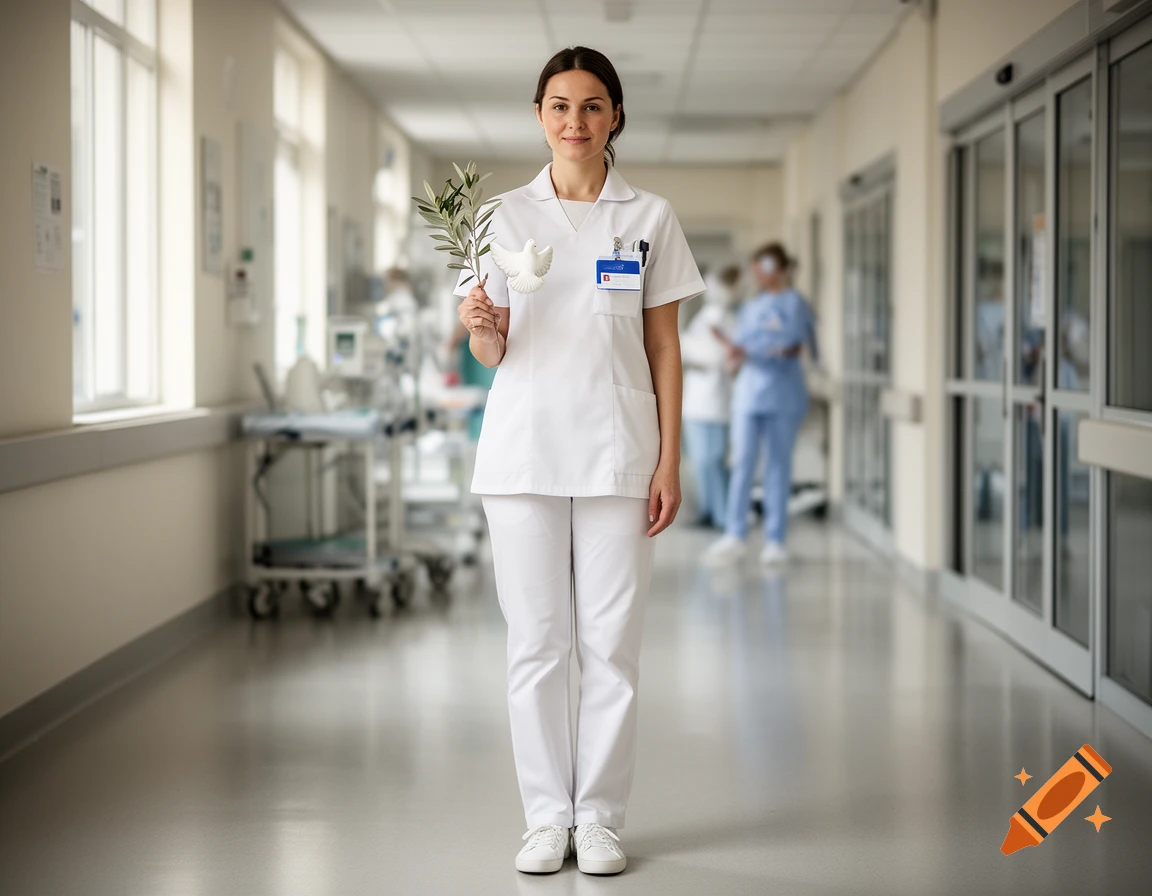 Photorealistic portrait of a female nurse in white scrubs standing in a hospital hallway holding a small olive branch and a white dove.