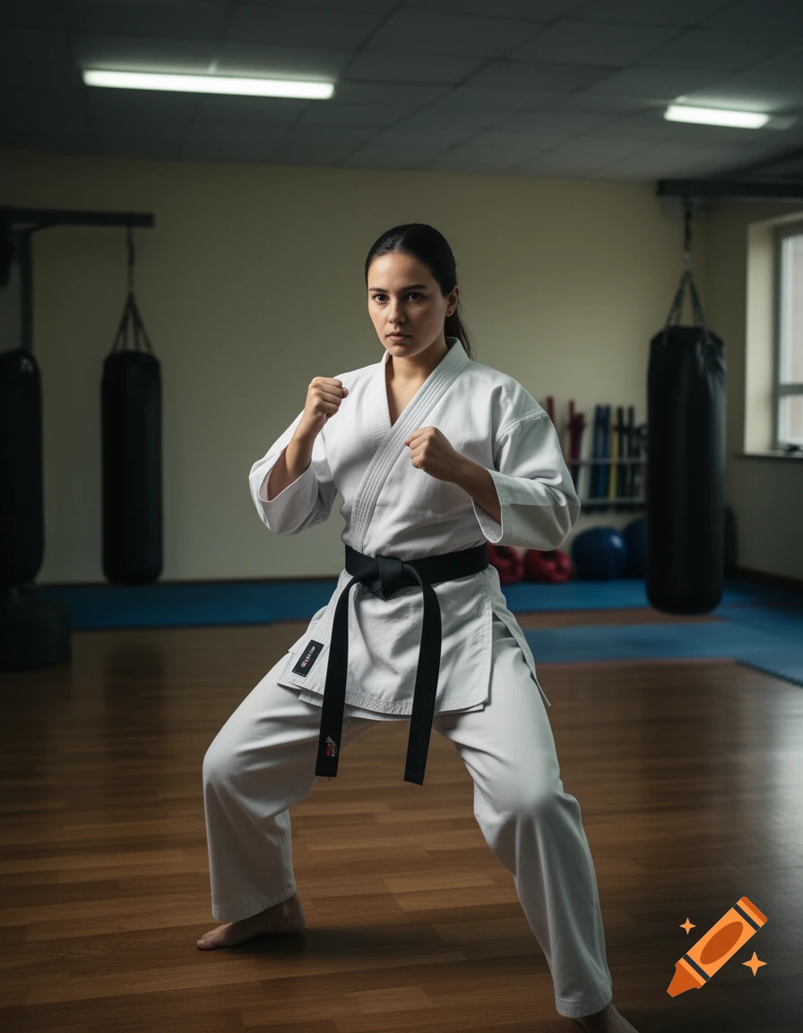 Photorealistic image of a young woman in a karate uniform and black belt in a fighting stance inside a gym.