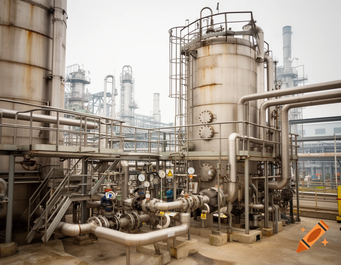 Photorealistic image of a chemical factory with large metal silos, pipes, and industrial scaffolding.