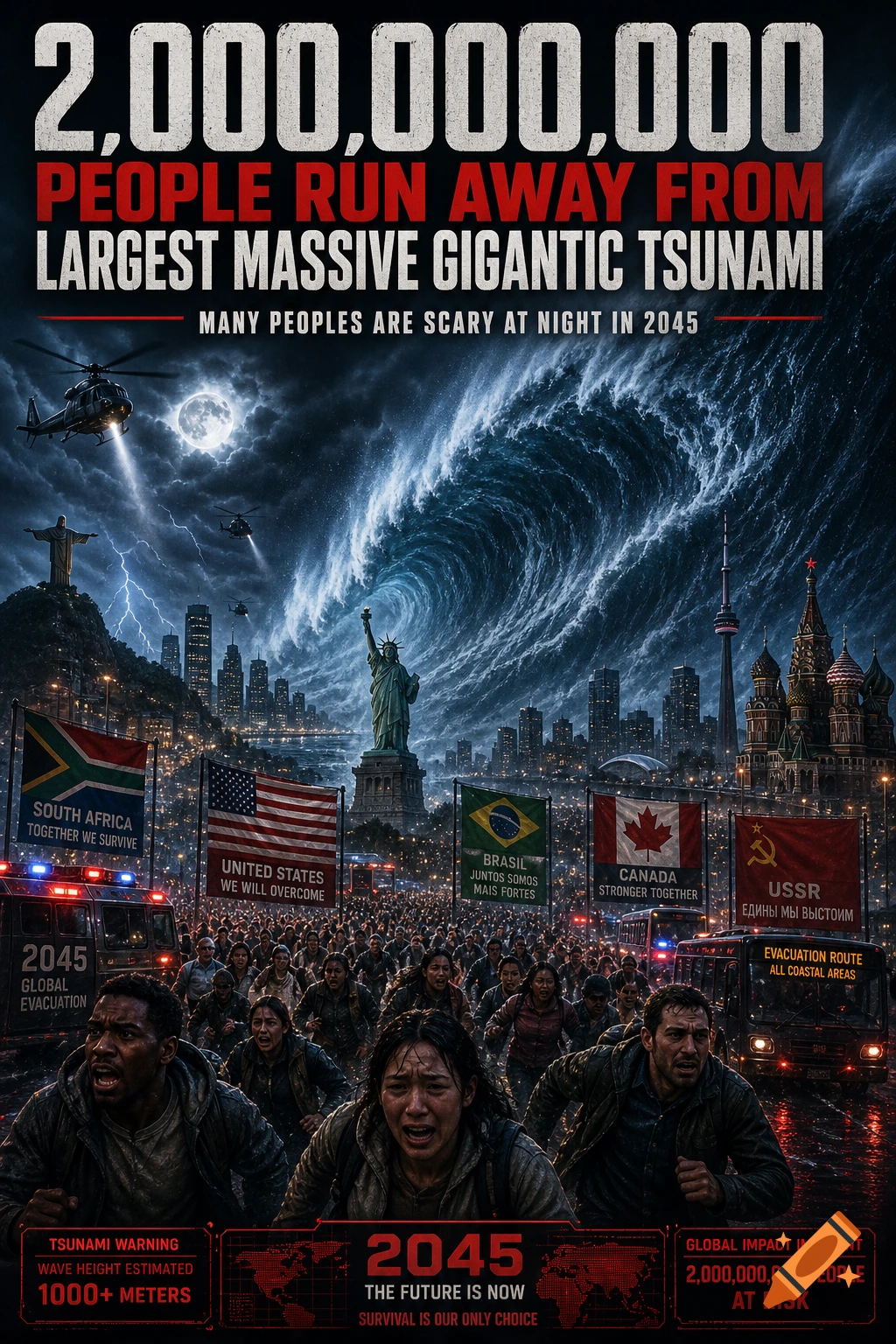 Cinematic poster showing millions fleeing as a massive gigantic tsunami approaches a city skyline at night with flags and emergency vehicles.