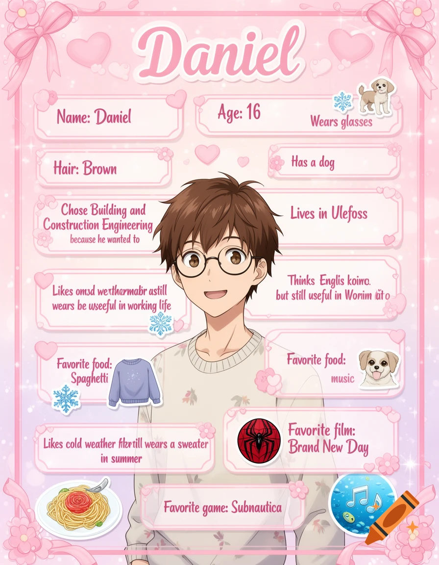 Pink anime-style character profile sheet for Daniel with text boxes, glasses, and brown hair.