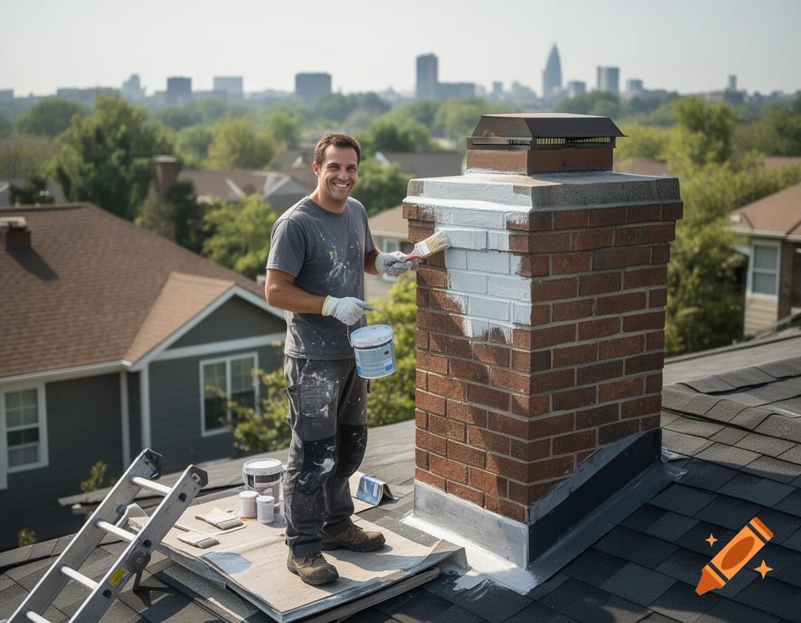 Photorealistic image of a smiling man standing on a residential roof, painting a brick chimney white with a city skyline in the background.