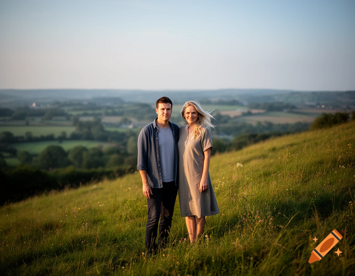 A photorealistic portrait of a man and a woman standing on a grassy hill overlooking a valley at sunset.
