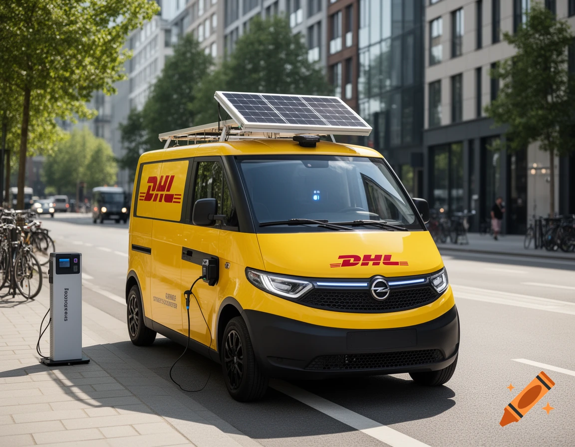 Photorealistic image of a yellow DHL electric delivery van parked on a city street, equipped with a solar panel on its roof and plugged into a charging station.