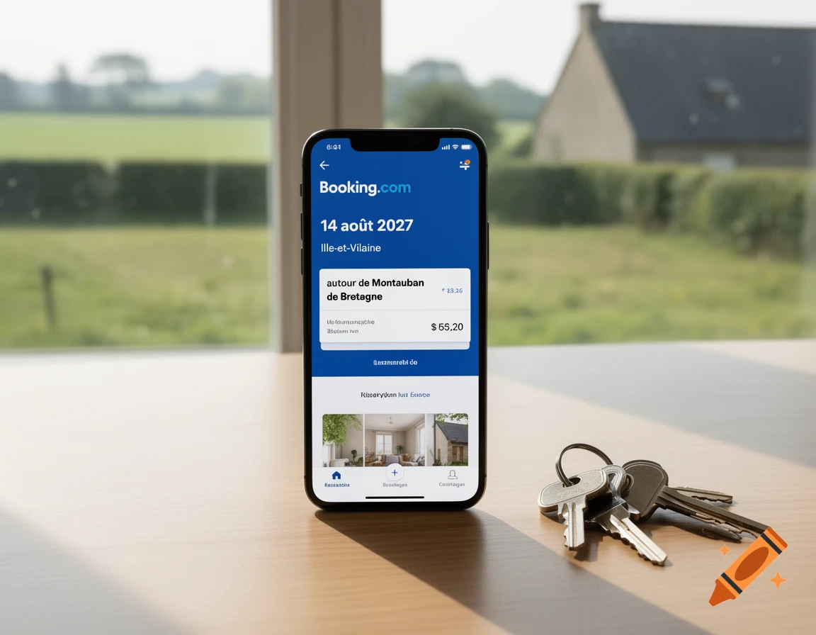 A smartphone displaying a booking app interface on a wooden table with keys, with a window and rural landscape in the background.