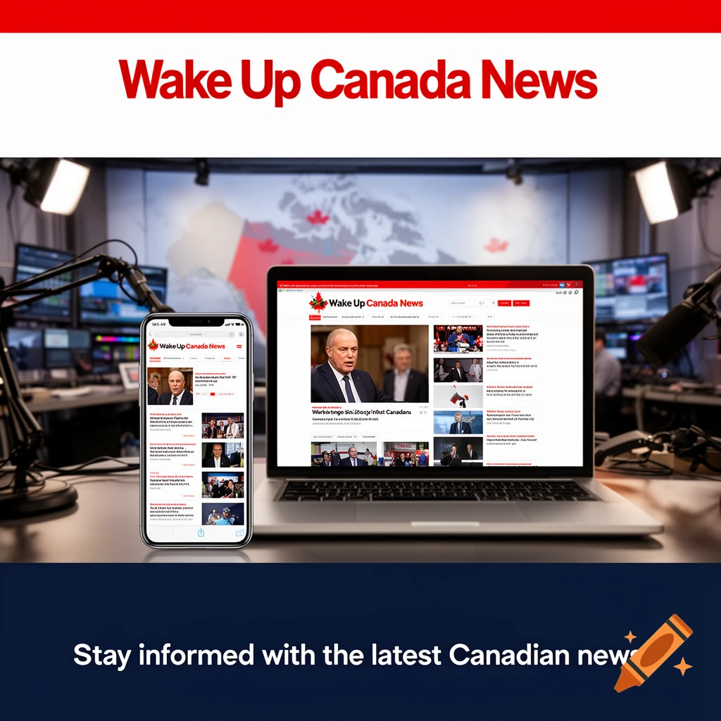 An advertisement for Wake Up Canada News showing a laptop and phone displaying the news website in a studio setting.