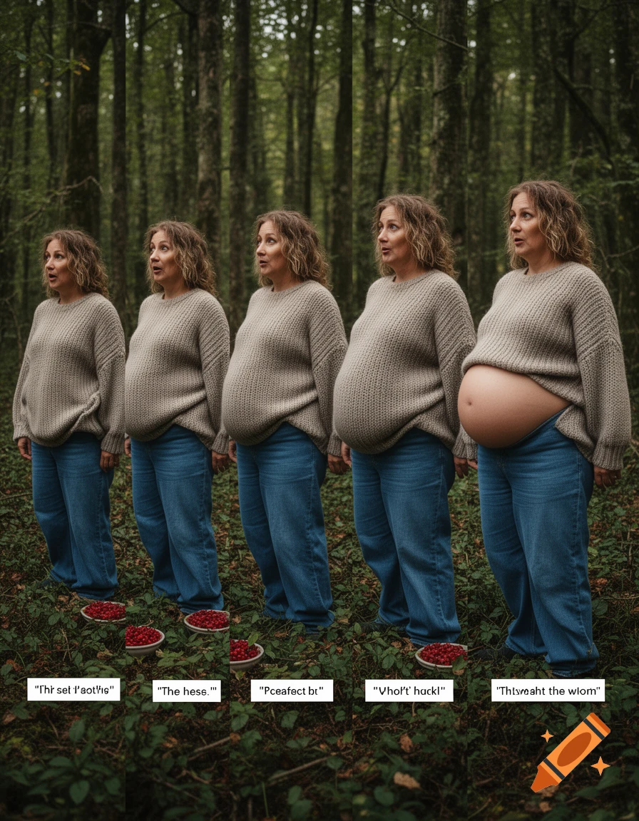 Photorealistic sequence of a woman in a sweater and jeans standing in a forest, progressively expanding in size.