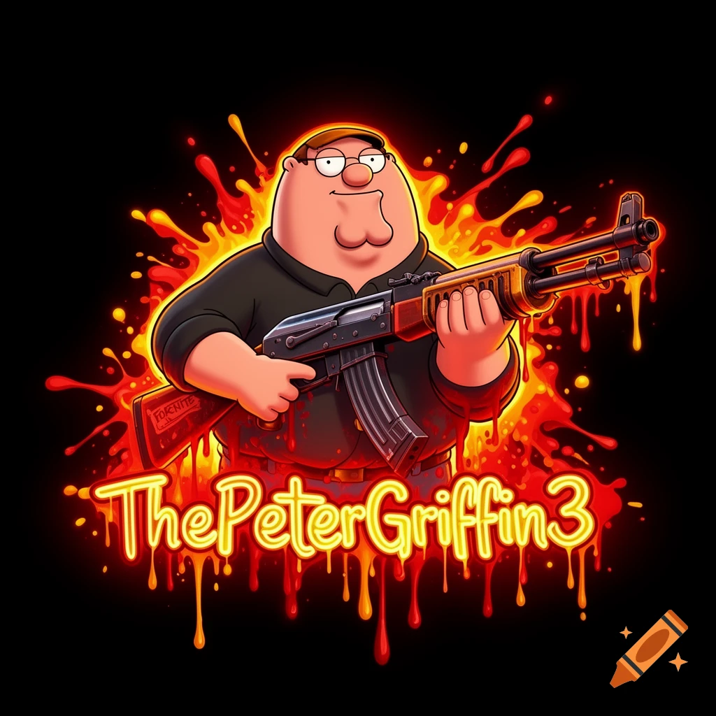 Digital illustration of Peter Griffin holding an assault rifle against a black background with red, orange, and yellow neon drips, with the text 'ThePeterGriffin3'.