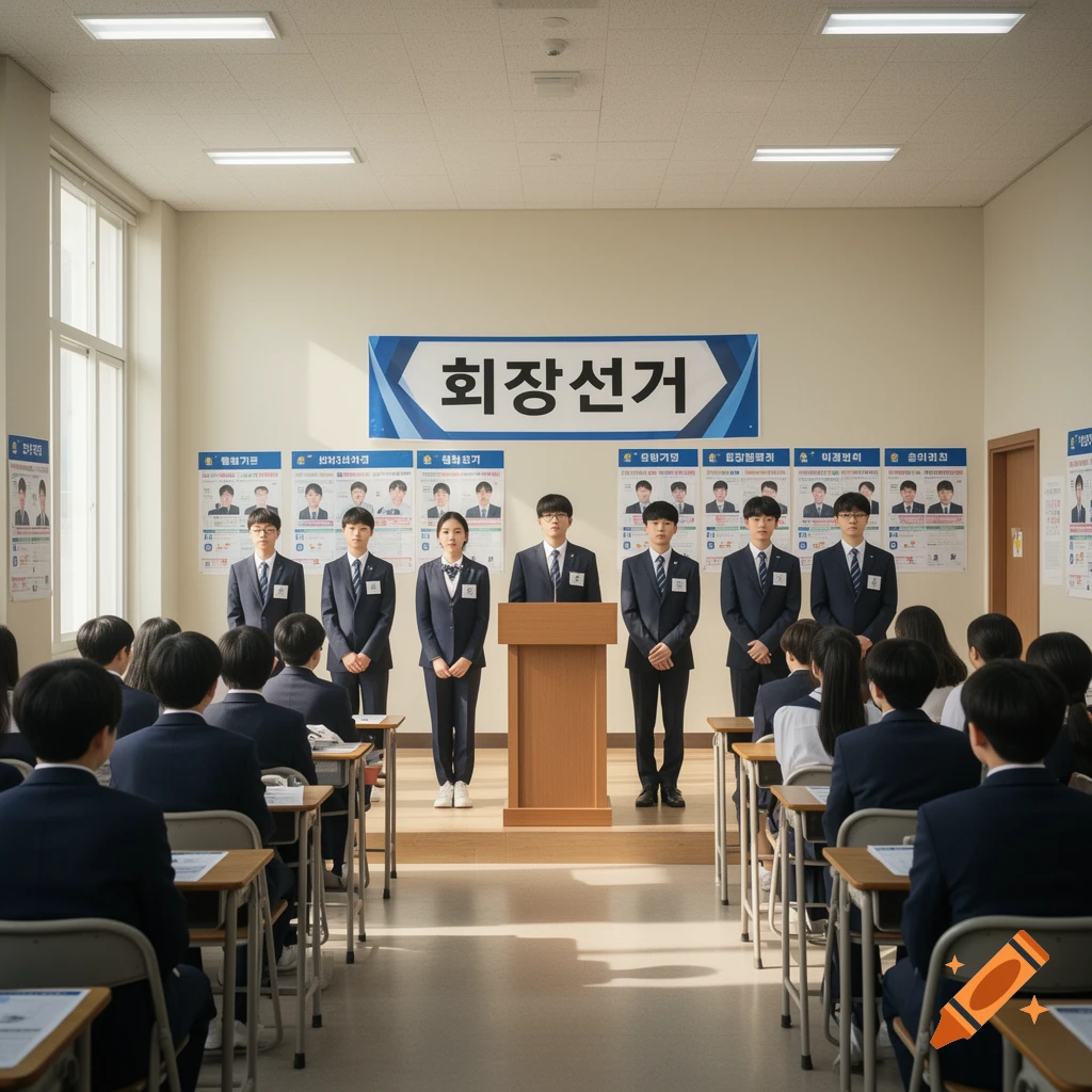 Students in a classroom attending a school election with a banner on the wall.