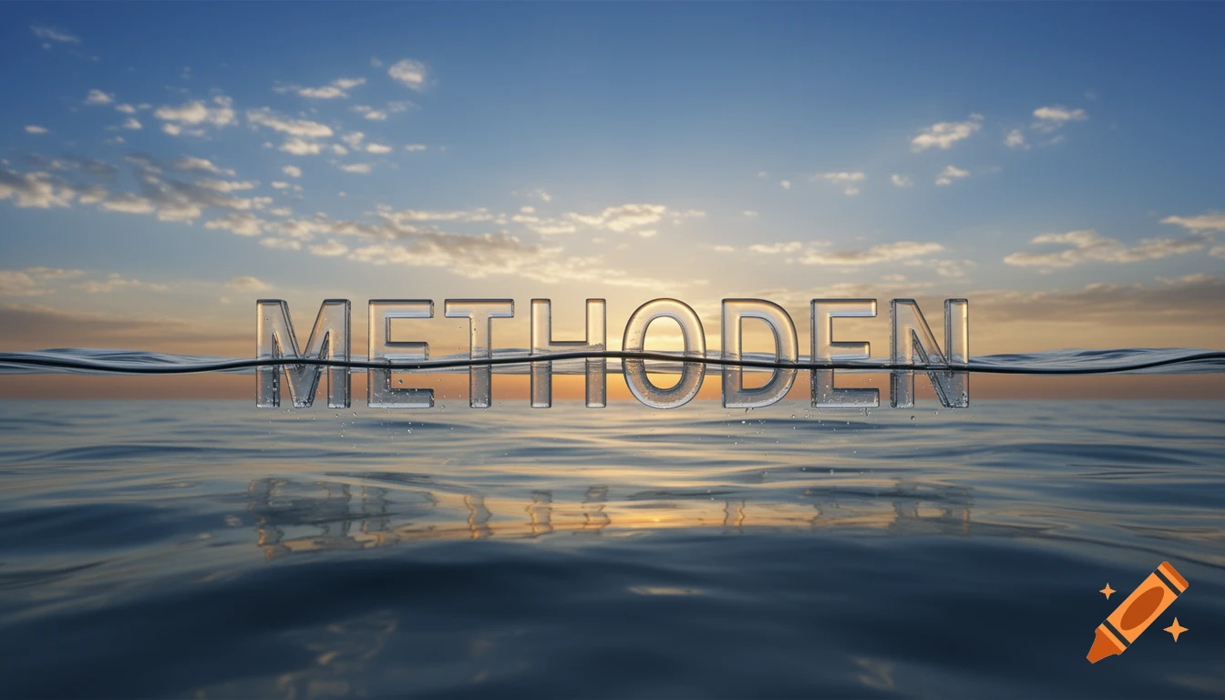 Photorealistic image of the word 'METHODEN' in glass letters floating halfway underwater in a calm ocean at sunset with scattered clouds.