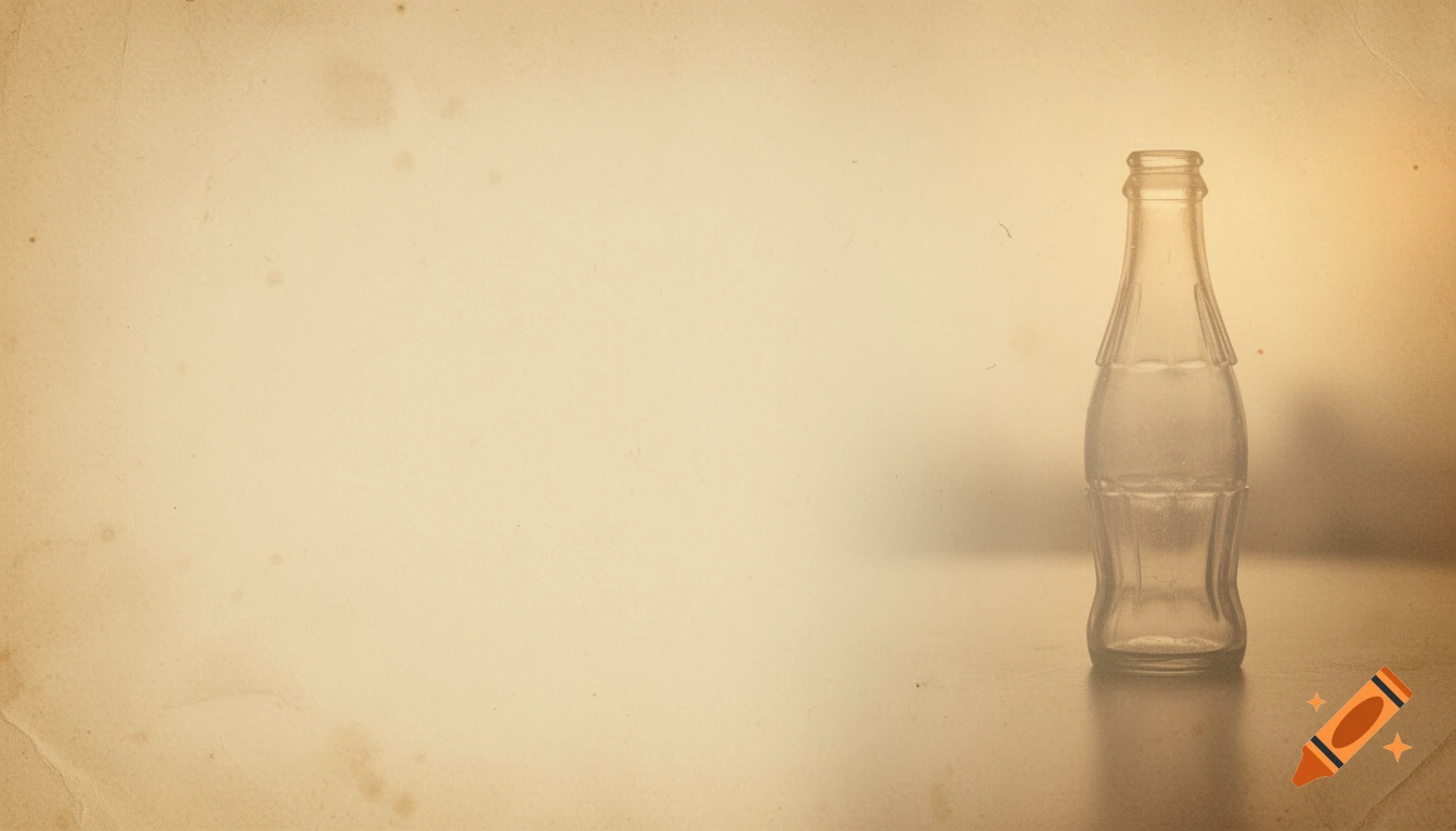 Faded vintage background with aged parchment texture and a blurry silhouette of a glass soda bottle on the right.