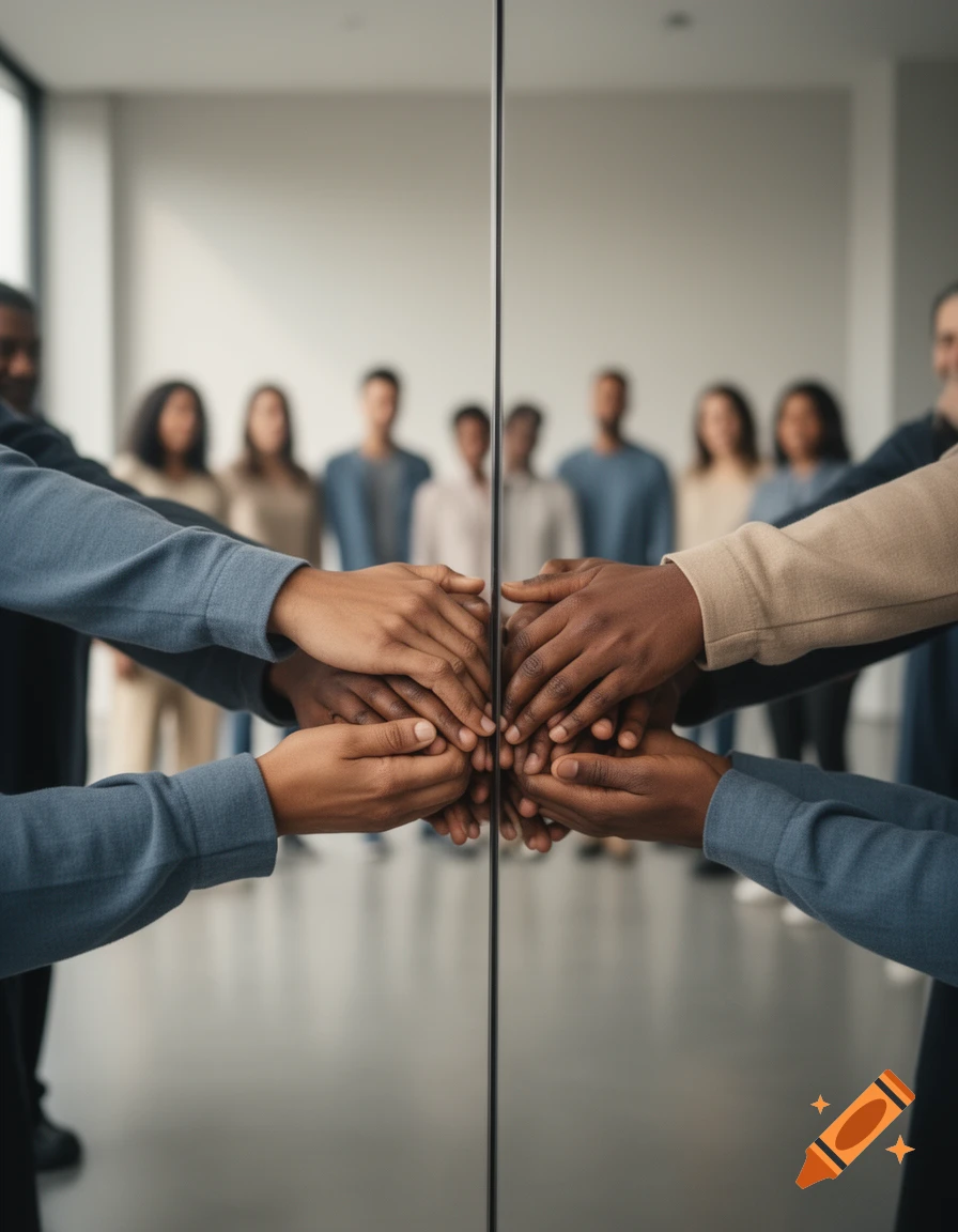 Photorealistic image of multiple diverse people stacking their hands together in front of a mirror reflection.