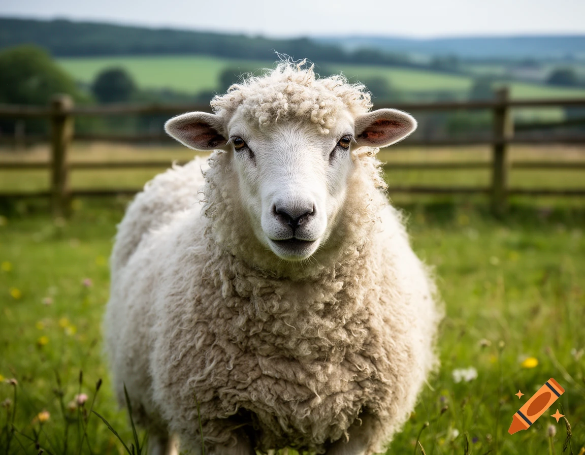 Photorealistic close-up of a fluffy white sheep standing in a green grassy field with a wooden fence and hills in the background.