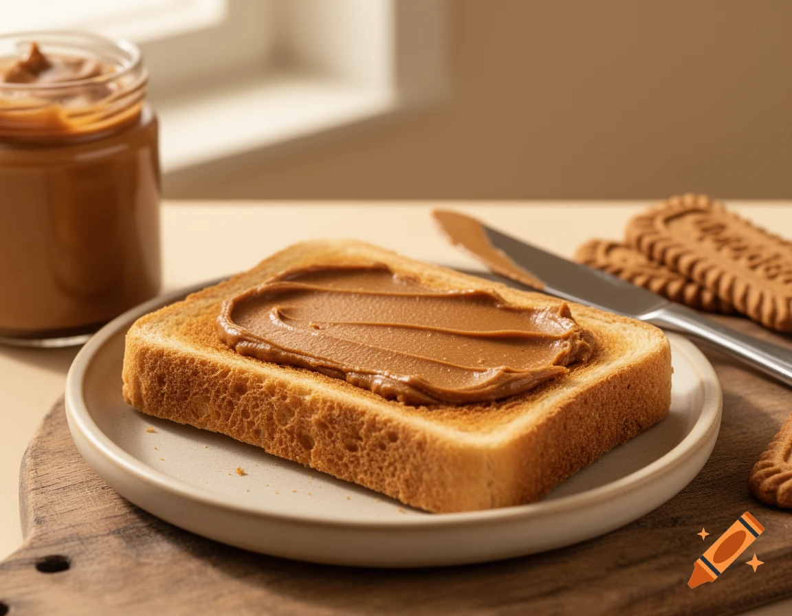 A slice of toasted bread with spread on a small plate next to a jar of spread and cookies on a wooden board.