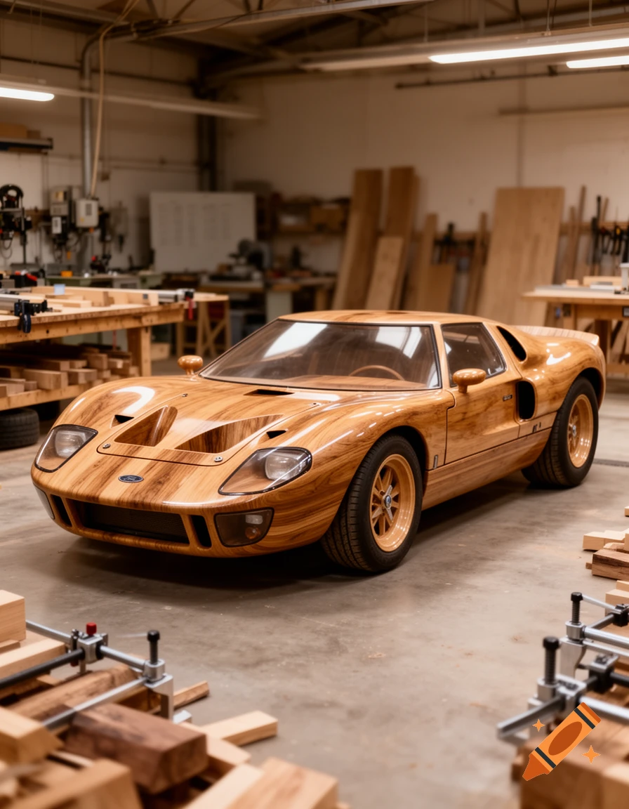 Photorealistic wooden replica of a Ford GT40 sports car parked inside a woodworking workshop.