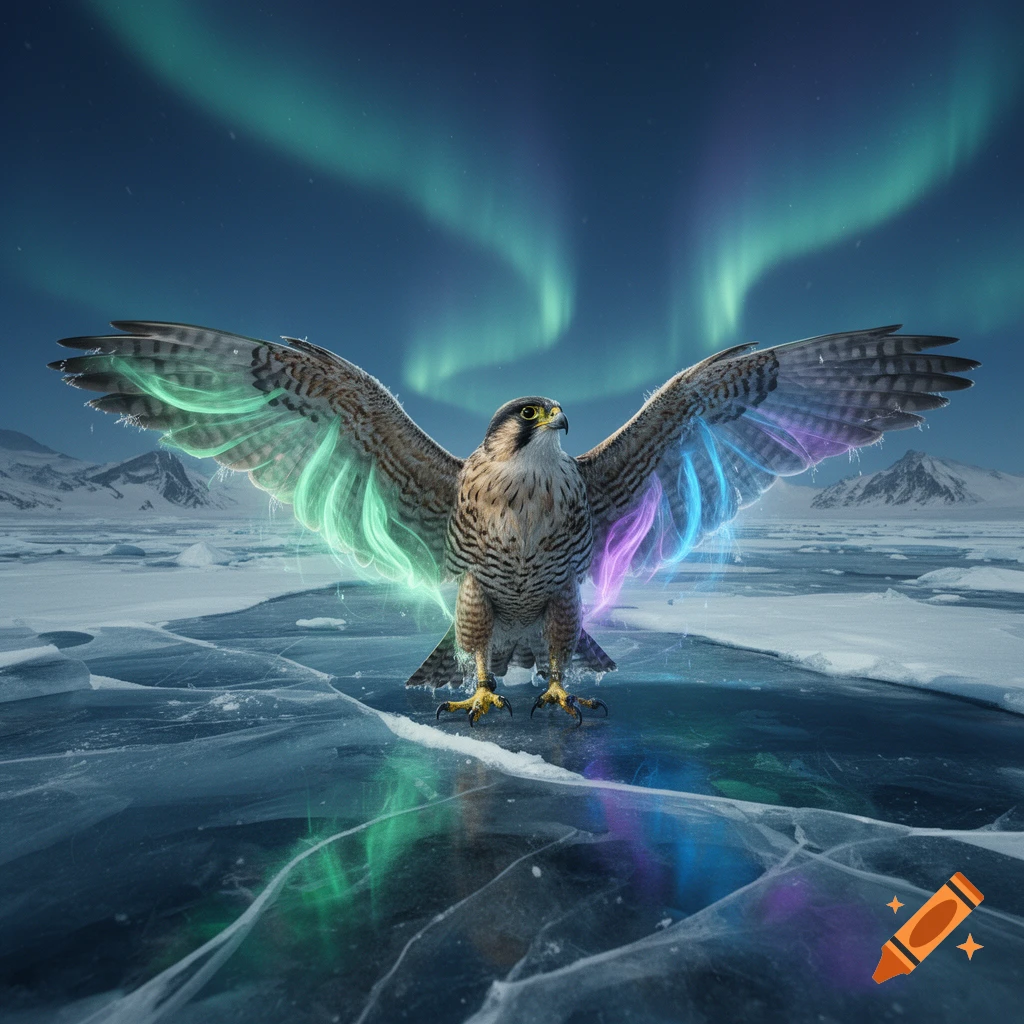 Photorealistic falcon standing on ice with wings made of glowing northern lights, snowy mountains and aurora borealis background.