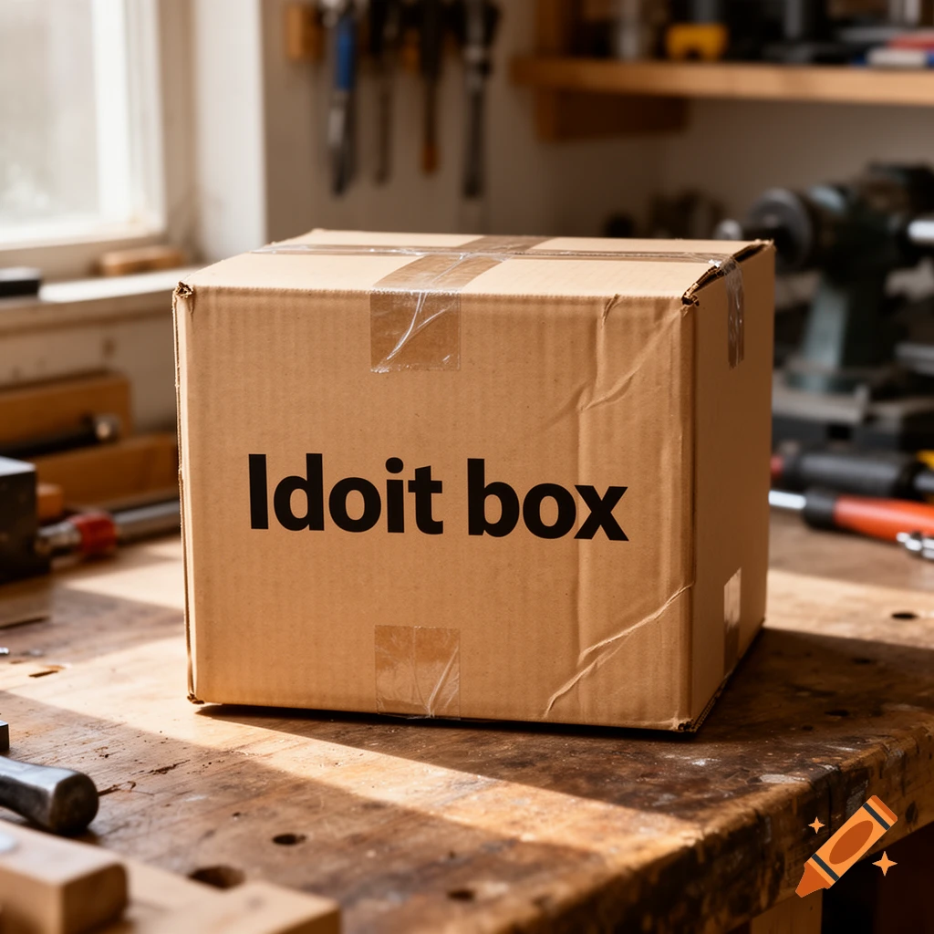 Photorealistic cardboard box labeled "Idoit box" sitting on a wooden workbench in a workshop.