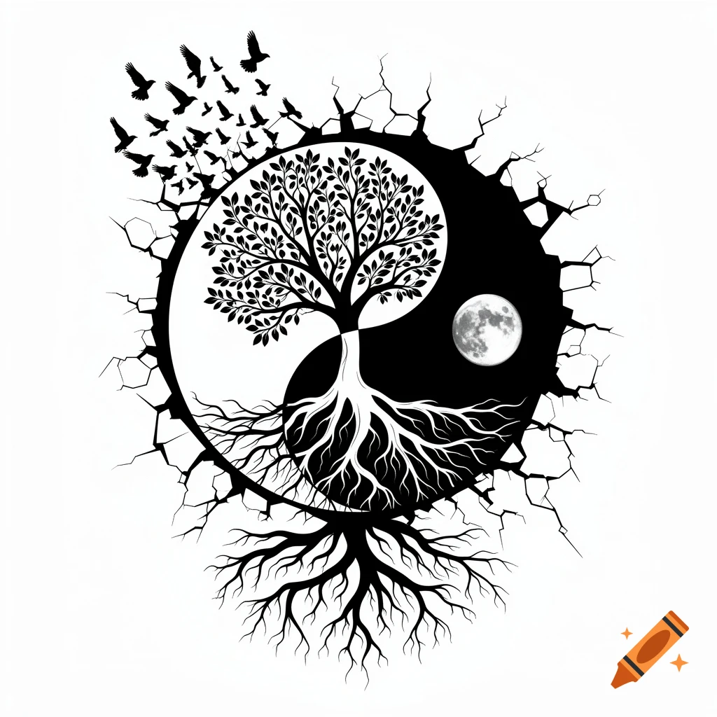 Black and white vector design of a Yin-Yang tree of life with breaking borders and flying birds.
