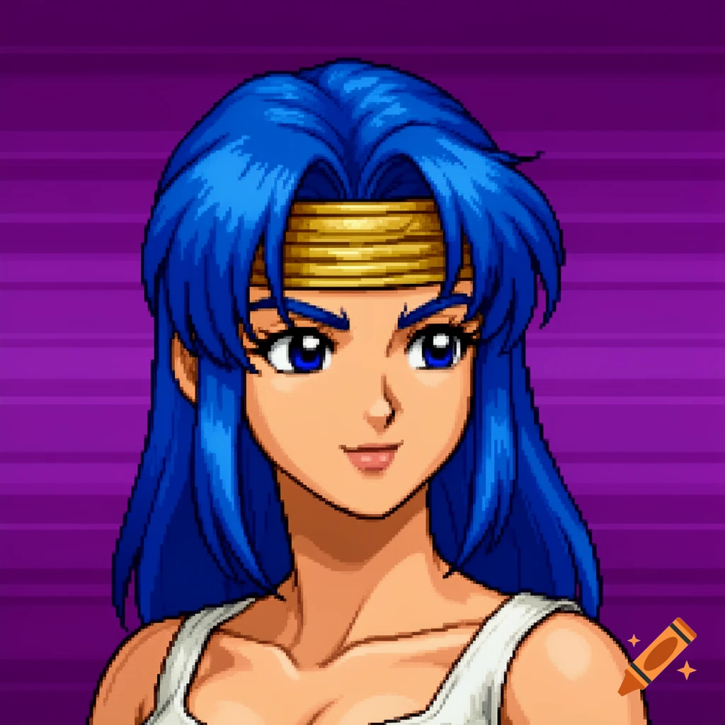 Pixel art portrait of a blue-haired female character with a gold headband in a 16-bit JRPG style.