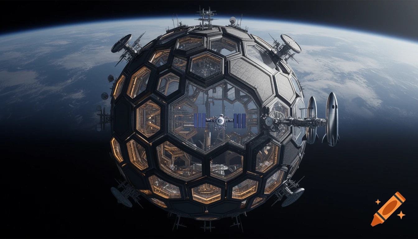 Photorealistic view of a massive, spherical origami-inspired space station in Earth orbit with docked spacecraft.