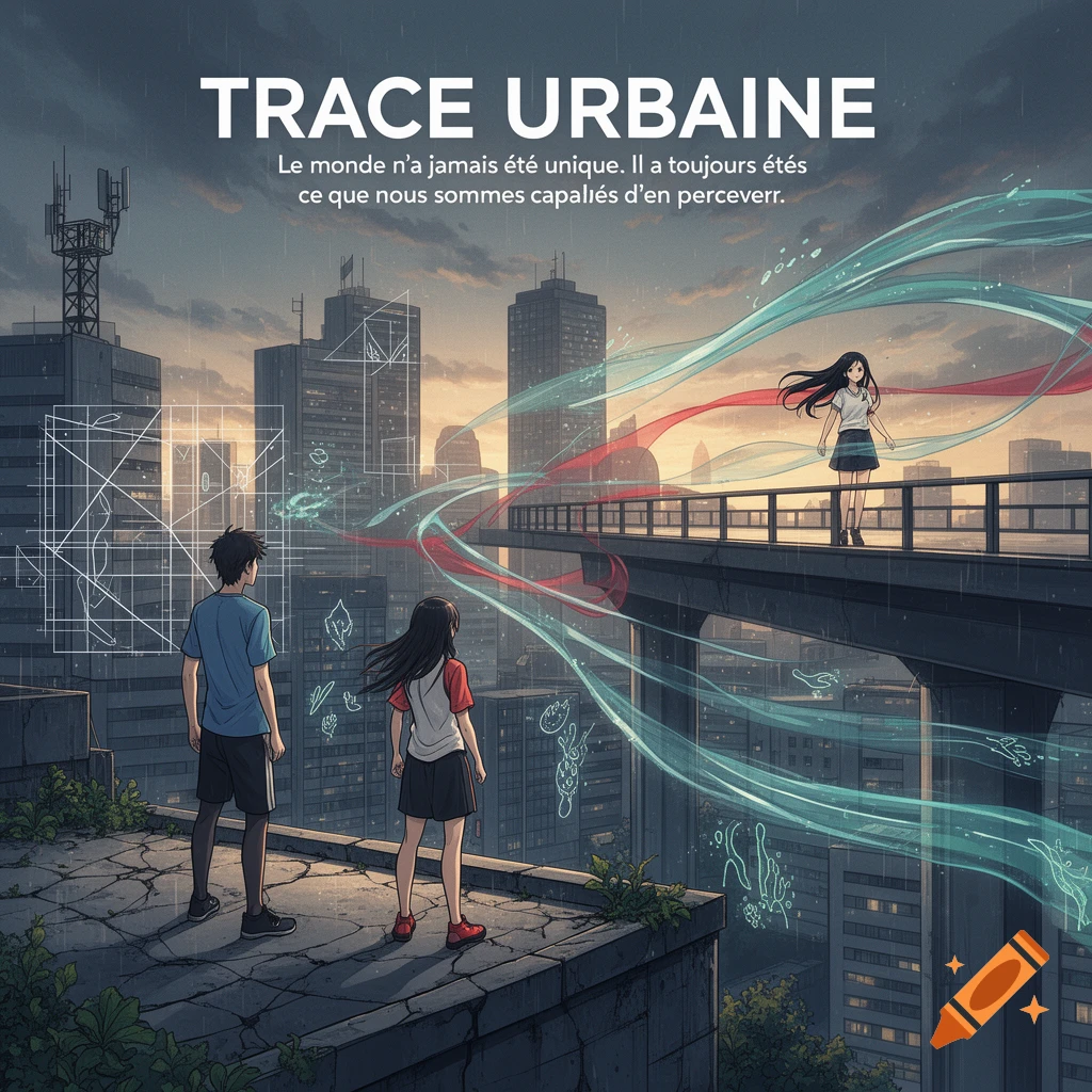Anime style illustration of characters on rooftop overlooking a city with glowing trails of energy.