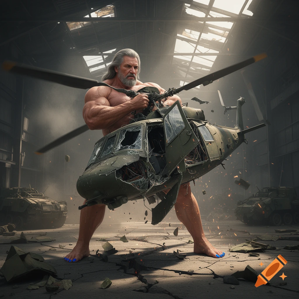 A muscular giant with long gray hair tearing apart a military helicopter inside an industrial hangar, photorealistic style.