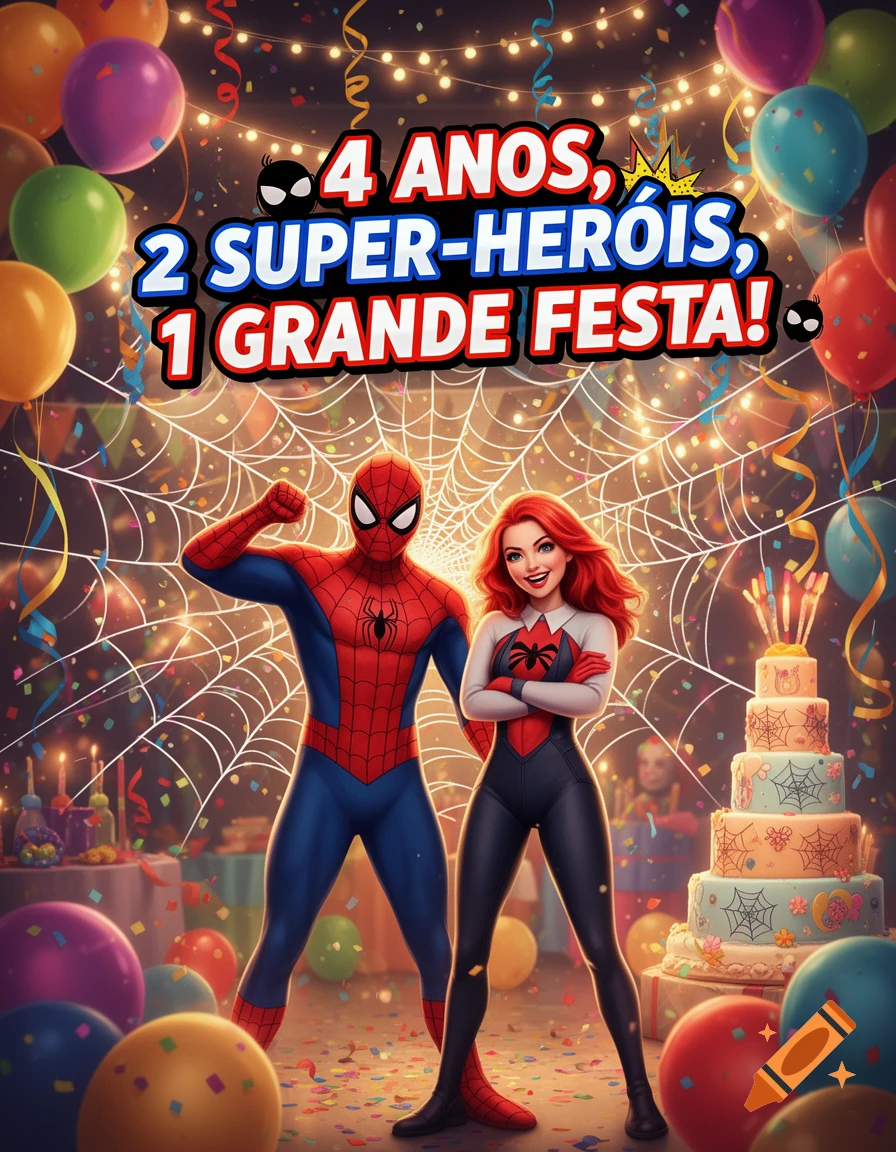 Spiderman and Gwen Stacy posing together at a birthday party with balloons, cake, and a web backdrop, digital illustration style.
