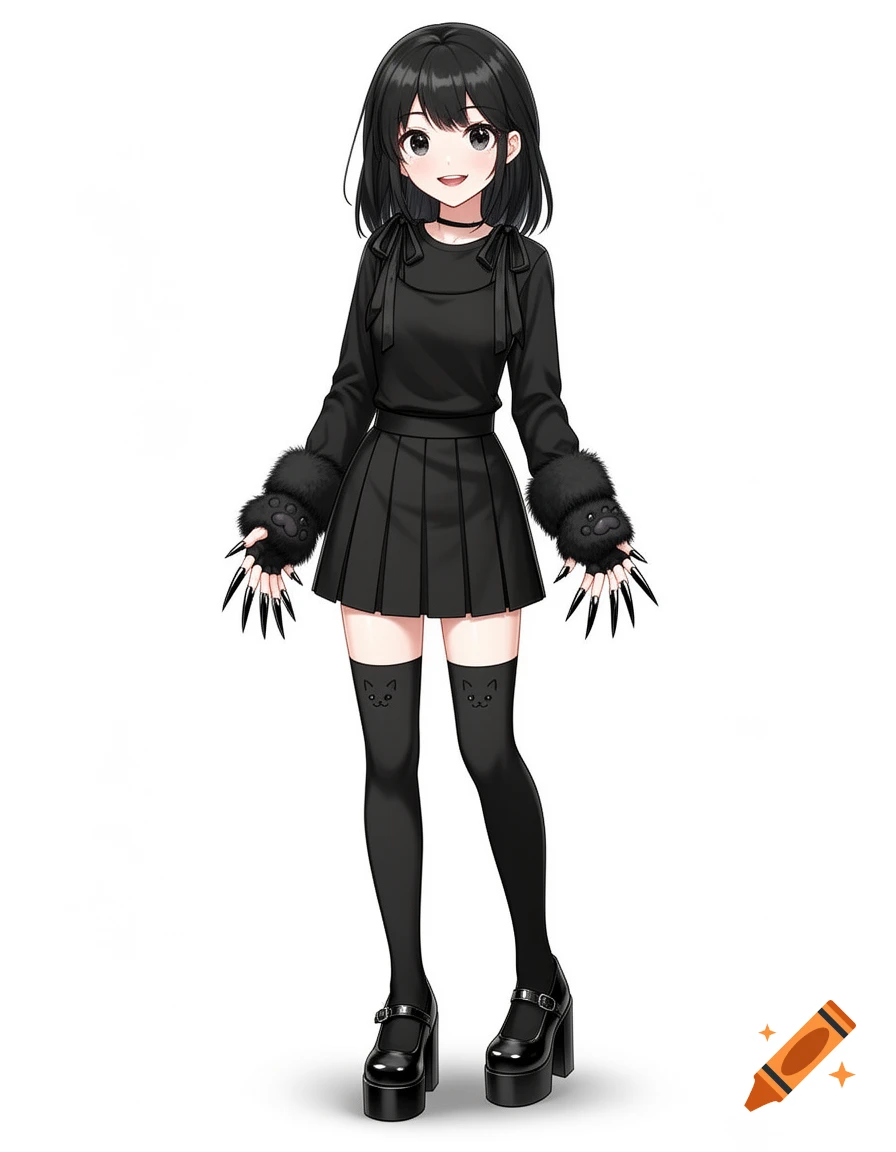 Full-body anime character design of a cute young woman wearing a black outfit, pleated skirt, and cat paw gloves.
